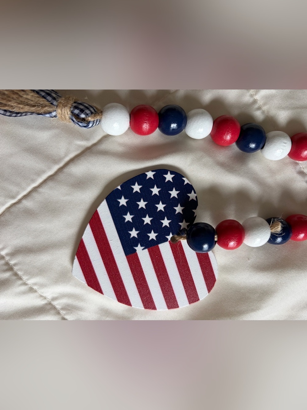 Patriotic Red White & Blue Beaded Decir with Flag Heart Pendant - Picture 2 of 2
